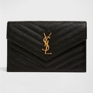 Saint Laurent YSL Monogram Small Wallet on Chain in Grained Leather MINT